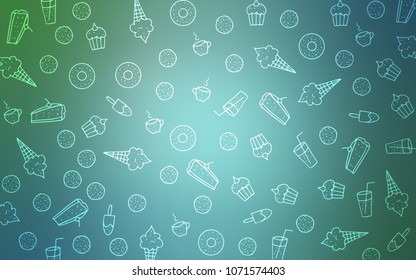 Light Blue, Green vector pattern with delicious cookies. Illustration with set of sweet food in doodle style. Design for ad, poster, banner of cafes or restaurants.