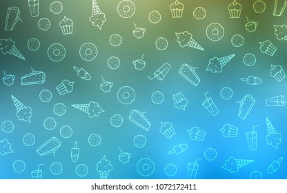 Light Blue, Green vector pattern with delicious cookies. Blurred decorative design of desserts in doodle style. Pattern for ad, booklets, leaflets of restaurants.