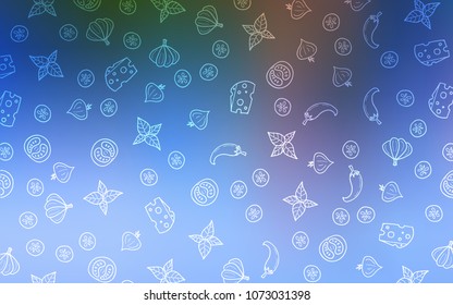 Light Blue, Green vector pattern with fresh ingredients. Fast Food on blurred abstract background with colorful gradient. Doodle design for your business advert of cafes.