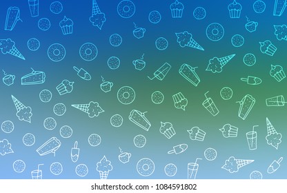 Light Blue, Green vector pattern with delicious cookies. Decorative shining illustration with sweets on abstract template. Template of children's food in cafe.