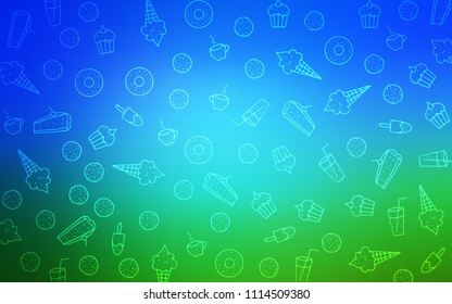 Light Blue, Green vector pattern with delicious cookies. Beautiful colored illustration with candies in doodle style. Pattern for menu of cafes and restaurants.