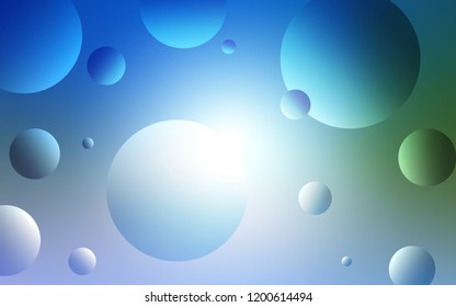Light Blue, Green vector pattern with spheres. Glitter abstract illustration with blurred drops of rain. Completely new template for your brand book.