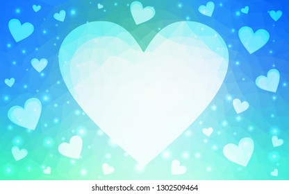 Light Blue, Green vector  pattern with colorful hearts. Hearts on blurred abstract background with colorful gradient. Pattern for marriage gifts, congratulations.