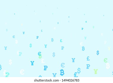 Light Blue, Green vector pattern with symbols of currency. Blurred design in simple style with symbols of currency. Pattern for trader ads, booklets, leaflets.