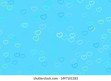 Light Blue, Green vector pattern with colorful hearts. Glitter abstract illustration with colorful hearts in romantic style. Pattern for marriage gifts, congratulations.