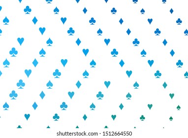 Light Blue, Green vector pattern with symbol of cards. Illustration with set of hearts, spades, clubs, diamonds. Pattern for leaflets of poker games, events.