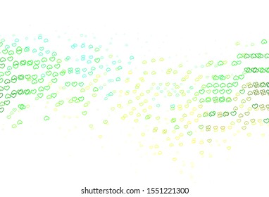 Light Blue, Green vector pattern with colorful hearts. Decorative shining illustration with hearts on abstract template. Pattern for marriage gifts, congratulations.