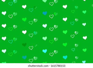 Light Blue, Green vector pattern with colorful hearts. Hearts on blurred abstract background with colorful gradient. Design for your business advert of anniversary.