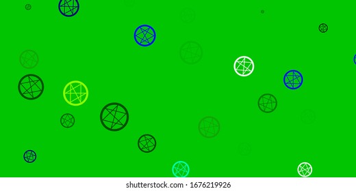 Light Blue, Green vector pattern with magic elements. Colorful mystic symbols with a gradient in ancient style. Simple design for occult depiction.