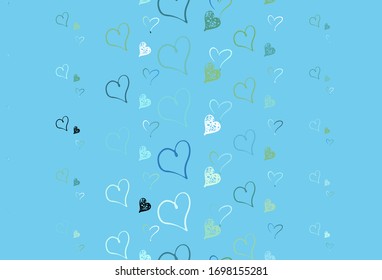 Light Blue, Green vector pattern with colorful hearts. Shining illustration with hearts on abstract template. Pattern for carnival, festival romantic leaflets.