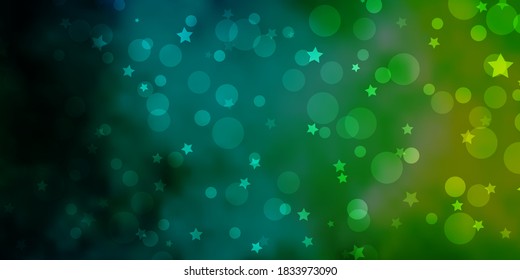 Light Blue, Green vector pattern with circles, stars. Abstract design in gradient style with bubbles, stars. Texture for window blinds, curtains.