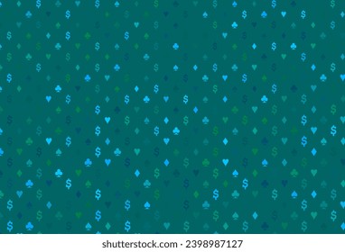 Light blue, green vector pattern with symbol of cards. Shining illustration with hearts, spades, clubs, diamonds. Pattern for leaflets of poker games, events.