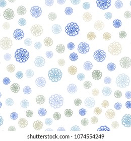 Light Blue, Green vector seamless abstract doodle background. Sketchy doodles with flowers on blurred background. Brand-new design for your business.