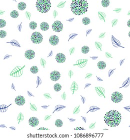 Light Blue, Green vector seamless doodle texture with leaves and flowers. Colorful illustration in doodle style with leaves, flowers. A new texture for your wallpaper design.