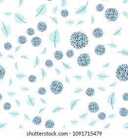 Light Blue, Green vector seamless elegant background with leaves and flowers. Sketchy doodles on white background. Textured pattern for a website, banner.