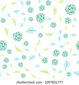 Light Blue, Green vector seamless elegant background with leaves and flowers. Colorful illustration in doodle style with leaves, flowers. Completely new design for your business.
