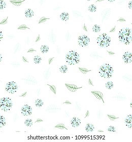 Light Blue, Green vector seamless doodle pattern with leaves and flowers. Creative illustration in blurred style with leaves, flowers. Pattern for heads of websites and designs.