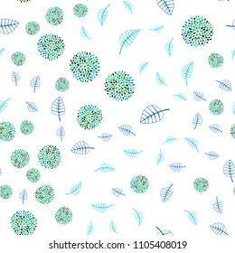 Light Blue, Green vector seamless natural pattern with leaves and flowers. Abstract illustration with leaves, flowers in doodles style. Pattern for heads of websites and designs.