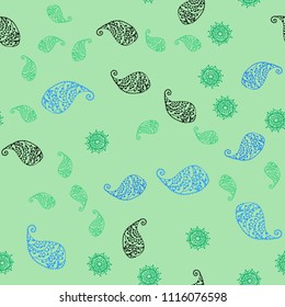 Light Blue, Green vector seamless doodle texture with leaves and flowers. Colorful illustration in doodle style with leaves, flowers. Completely new template for your design.