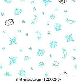 Light Blue, Green vector seamless cover with cuisine gourmet. Illustration with set of fresh food in doodle style. Design for ad, poster, banner of cafes or restaurants.