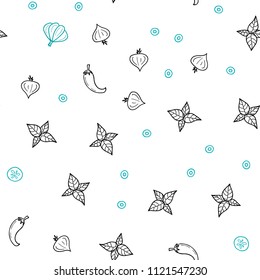 Light Blue, Green vector seamless template with organic meal. Blurred decorative design of snacks in doodle style. Pattern for ads of breakfast, lunch, dinner.
