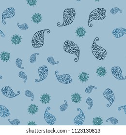 Light Blue, Green vector seamless natural backdrop with leaves and flowers. Colorful illustration in doodle style with leaves, flowers. Hand painted design for web, wrapping.