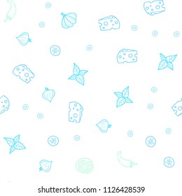 Light Blue, Green vector seamless pattern with fresh ingredients. Blurred decorative design of snacks in doodle style. Pattern for ads of breakfast, lunch, dinner.