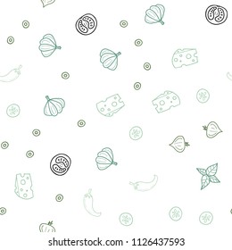 Light Blue, Green vector seamless cover with cuisine gourmet. Blurred decorative design of snacks in doodle style. Pattern for menu of cafes, bars, restaurants.