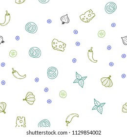 Light Blue, Green vector seamless template with organic meal. Illustration with set of fresh food in doodle style. Doodle design for your business advert of cafes.