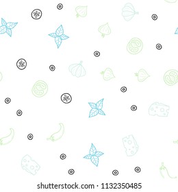 Light Blue, Green vector seamless pattern with fresh ingredients. Blurred decorative design of snacks in doodle style. Pattern for menu of cafes, bars, restaurants.