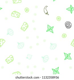 Light Blue, Green vector seamless cover with cuisine gourmet. Fast Food on blurred abstract background with colorful gradient. Pattern for ad, booklets, leaflets of restaurants.
