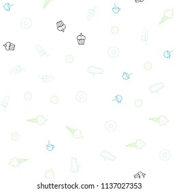 Light Blue, Green vector seamless pattern with fresh ingredients. Fast Food on blurred abstract background with colorful gradient. Doodle design for your business advert of cafes.