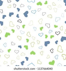 Light Blue, Green vector seamless pattern with colorful hearts. Decorative shining illustration with hearts on abstract template. Pattern can be used for valentine's ad, booklets.