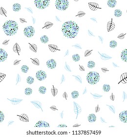 Light Blue, Green vector seamless abstract pattern with leaves and flowers. Leaves, flowers in natural style on white background. Pattern for wallpapers and coloring books.