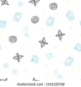 Light Blue, Green vector seamless pattern with fresh ingredients. Illustration with set of fresh food in doodle style. Pattern for ad, booklets, leaflets of restaurants.