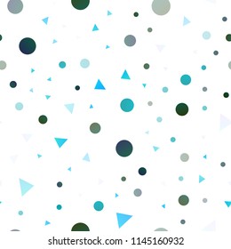 Light Blue, Green vector seamless texture in triangular style with circles. Modern abstract illustration with colorful dots, lines. Pattern for design of fabric, wallpapers.