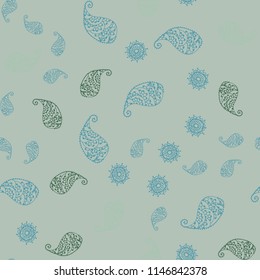 Light Blue, Green vector seamless natural backdrop with leaves and flowers. Doodle illustration of leaves and flowers in Origami style. Pattern for heads of websites and designs.