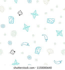 Light Blue, Green vector seamless texture with delicious snacks. Beautiful colored illustration with food in doodle style. Pattern for ad, booklets, leaflets of restaurants.