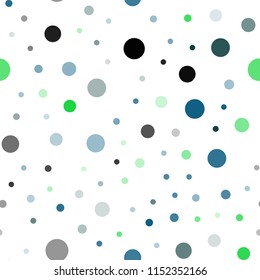 Light Blue, Green vector seamless backdrop with dots. Blurred bubbles on abstract background with colorful gradient. Pattern for design of window blinds, curtains.