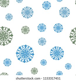 Light Blue, Green vector seamless template with ice snowflakes. Snow on blurred abstract background with gradient. Template for business cards, websites.