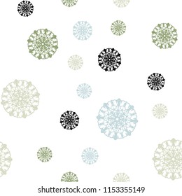 Light Blue, Green vector seamless layout with bright snowflakes. Glitter abstract illustration with crystals of ice. Pattern for design of window blinds, curtains.