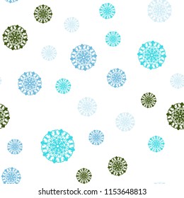Light Blue, Green vector seamless pattern with christmas snowflakes. Shining colored illustration with snow in christmas style. Trendy design for wallpaper, fabric makers.