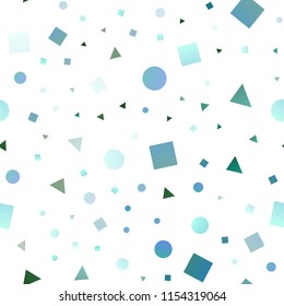 Light Blue, Green vector seamless backdrop with lines, circles, rhombus. Decorative design in abstract style with lines, dots, cubes. Template for business cards, websites.