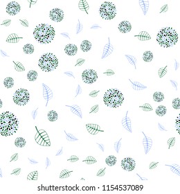 Light Blue, Green vector seamless doodle backdrop with leaves and flowers. Doodle illustration of leaves and flowers in Origami style. Elegant pattern for your brand book.