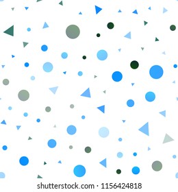 Light Blue, Green vector seamless texture in triangular style with circles. Decorative design in abstract style with lines, dots. Pattern for design of fabric, wallpapers.