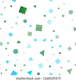 Light Blue, Green vector seamless background with triangles, circles, cubes. Circles, lines, rhombus with colorful gradient. Pattern for design of fabric, wallpapers.