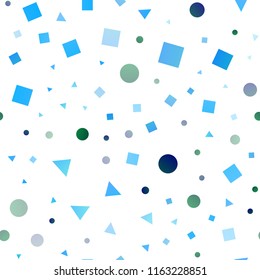 Light Blue, Green vector seamless cover in polygonal style with circles. Glitter abstract illustration with spheres, squares, lines. Trendy design for wallpaper, fabric makers.