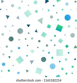 Light Blue, Green vector seamless texture in poly style with circles, cubes. Circles, lines, rhombus with colorful gradient. Design for textile, fabric, wallpapers.