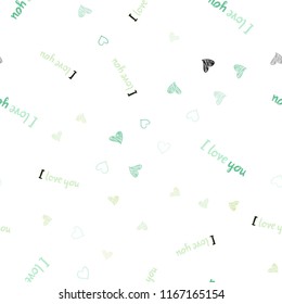 Light Blue, Green vector seamless cover with Shining hearts. Blurred decorative design in doodle style with hearts. Pattern for marriage gifts, congratulations.