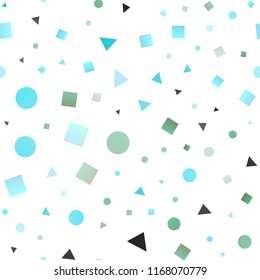 Light Blue, Green vector seamless texture in poly style with circles, cubes. Circles, lines, rhombus with colorful gradient. Pattern for trendy fabric, wallpapers.